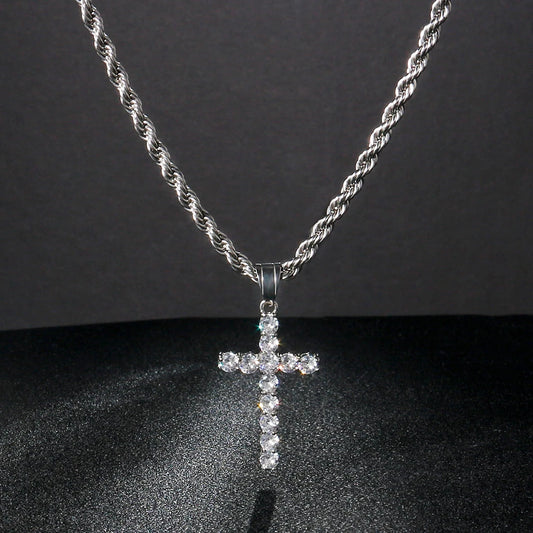 Shining Zircon Cross Necklaces for Men Women Hip Hop Pendant Chokers 4mm Rope Chain 316L Stainless Steel Fashion Jewelry