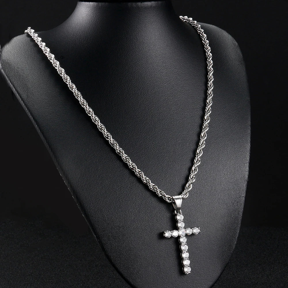 Shining Zircon Cross Necklaces for Men Women Hip Hop Pendant Chokers 4mm Rope Chain 316L Stainless Steel Fashion Jewelry