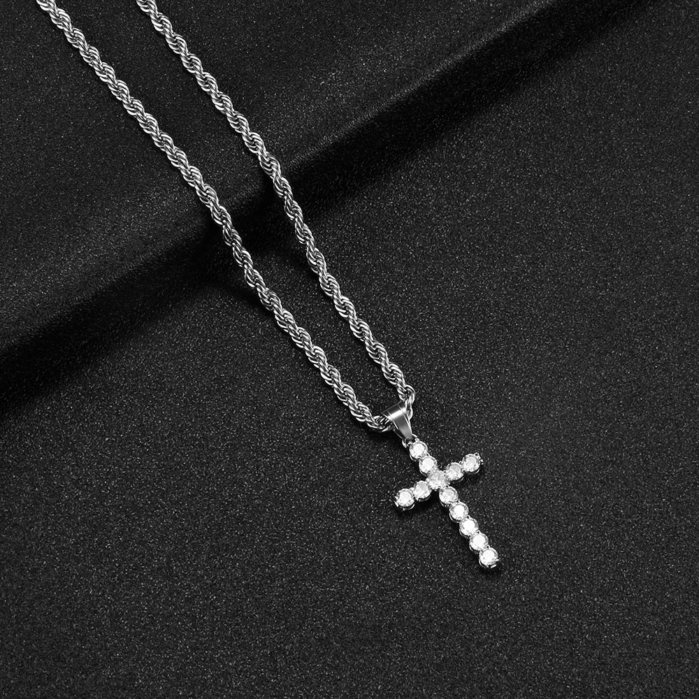 Shining Zircon Cross Necklaces for Men Women Hip Hop Pendant Chokers 4mm Rope Chain 316L Stainless Steel Fashion Jewelry