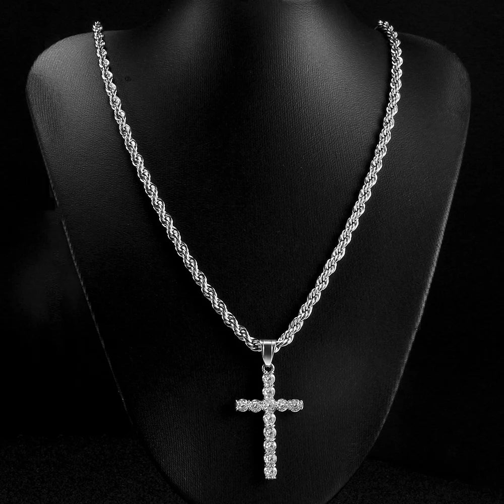 Shining Zircon Cross Necklaces for Men Women Hip Hop Pendant Chokers 4mm Rope Chain 316L Stainless Steel Fashion Jewelry