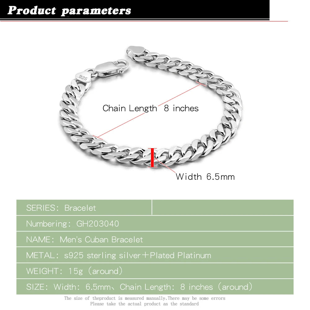 Luxury 925 Silver Cuban Chain Bracelet for  Men's Women All Width 6.5MM Link Chain Bracelets Party Jewelry Accessories Gift