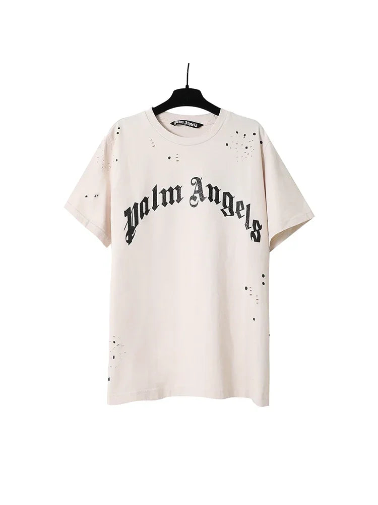 Palm Angels Summer Fashion Trend Ink Splash Holes Do Old Design Letters Printed Short-Sleeved T-Shirt Men and Women Cotton Tops