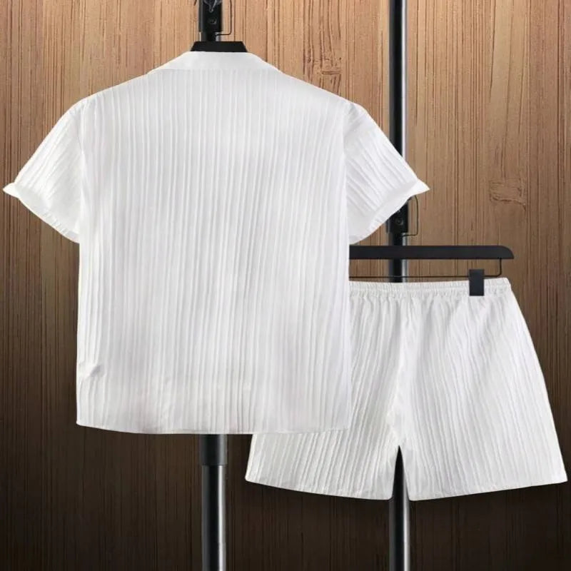 2023 New Summer Men's  Solid Color Cotton Linen Striped Shirt  Short Sleeve Shorts Daily Beach Hawaiian High Quality 2-Piece Set