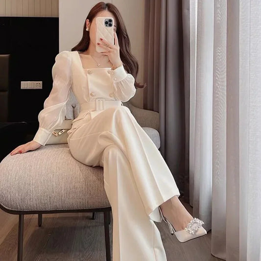 Wide Leg Outfit Two Piece Set Pants for Women White Womens 2 Pant Sets Trouser Suit Blazer and Clothes Tailor with Sleeve Luxury