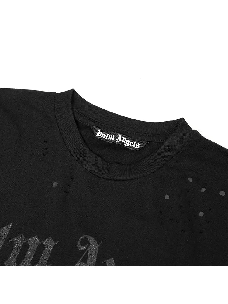 Palm Angels Summer Fashion Trend Ink Splash Holes Do Old Design Letters Printed Short-Sleeved T-Shirt Men and Women Cotton Tops