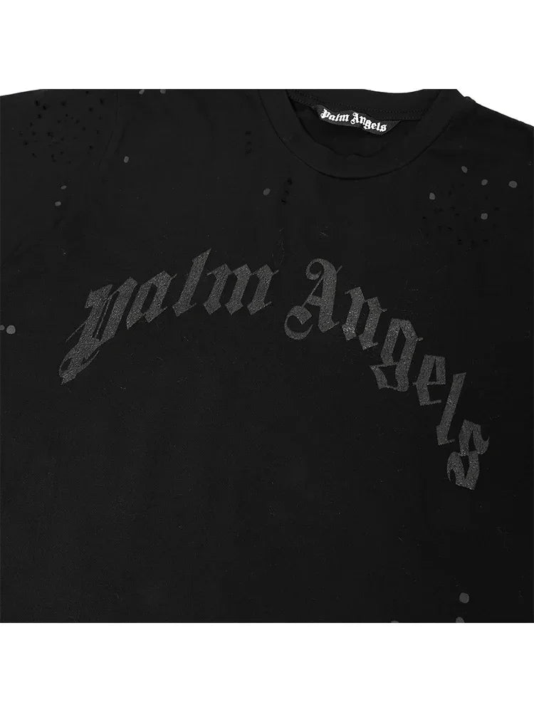 Palm Angels Summer Fashion Trend Ink Splash Holes Do Old Design Letters Printed Short-Sleeved T-Shirt Men and Women Cotton Tops