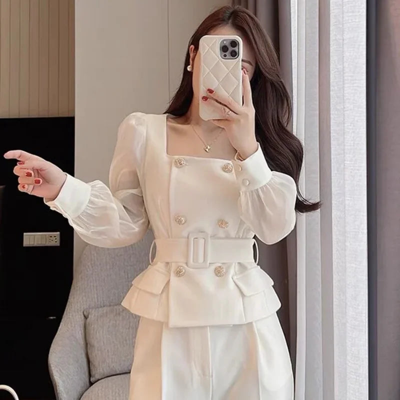 Wide Leg Outfit Two Piece Set Pants for Women White Womens 2 Pant Sets Trouser Suit Blazer and Clothes Tailor with Sleeve Luxury