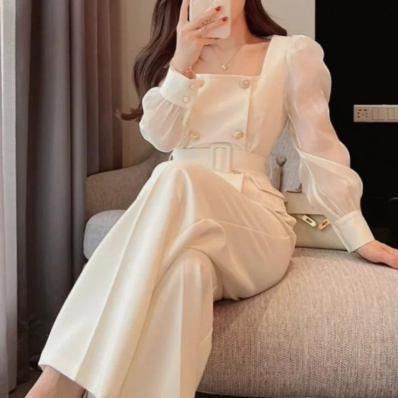 Wide Leg Outfit Two Piece Set Pants for Women White Womens 2 Pant Sets Trouser Suit Blazer and Clothes Tailor with Sleeve Luxury