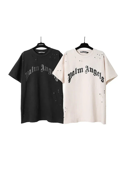 Palm Angels Summer Fashion Trend Ink Splash Holes Do Old Design Letters Printed Short-Sleeved T-Shirt Men and Women Cotton Tops