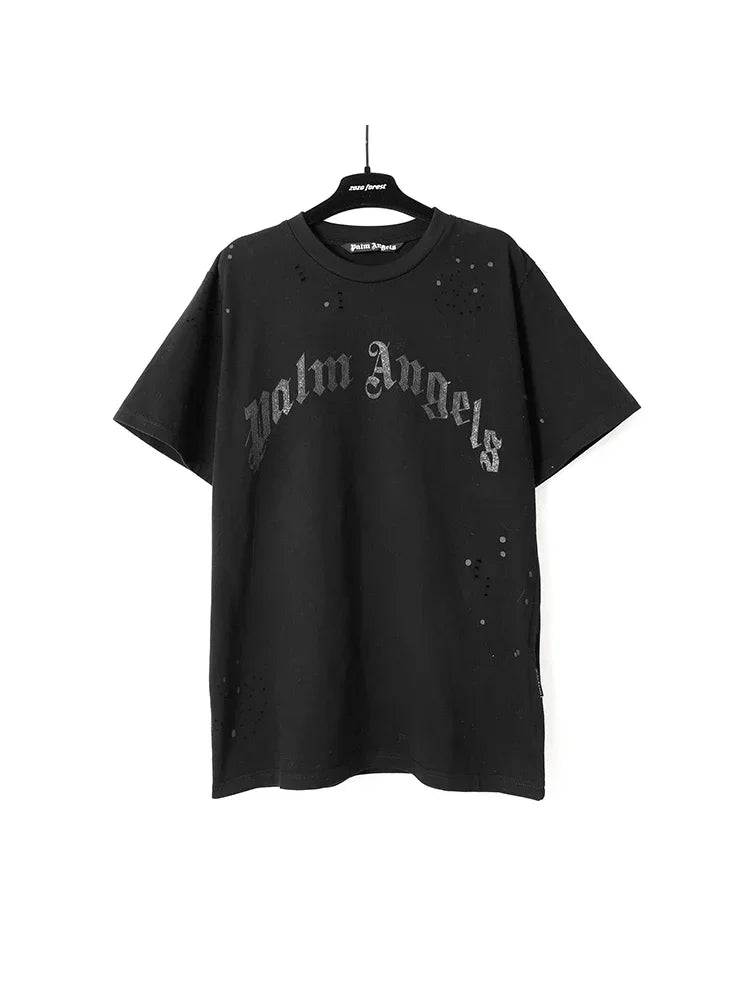 Palm Angels Summer Fashion Trend Ink Splash Holes Do Old Design Letters Printed Short-Sleeved T-Shirt Men and Women Cotton Tops